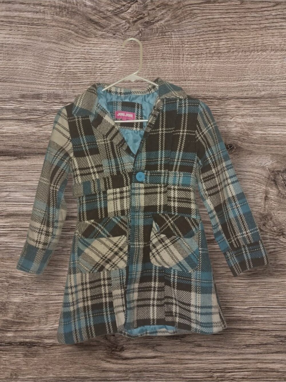 JOUJOU Girls Plaid Peacoat Jacket Size 7/8 Blue Black White Button Front